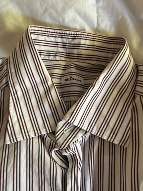 Kiton White Dress Shirt with Burgundy and Black Pinstripes